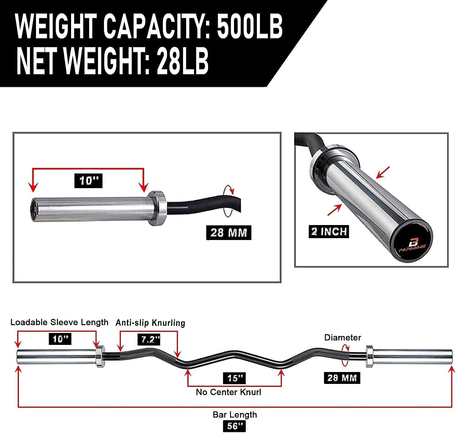 56'' Olympic Curl Bar, EZ Curl Barbell, 400 LB Weight Capacity Galvanized Lifting Bar for Strength Training, Biceps Curl and Triceps Extensions